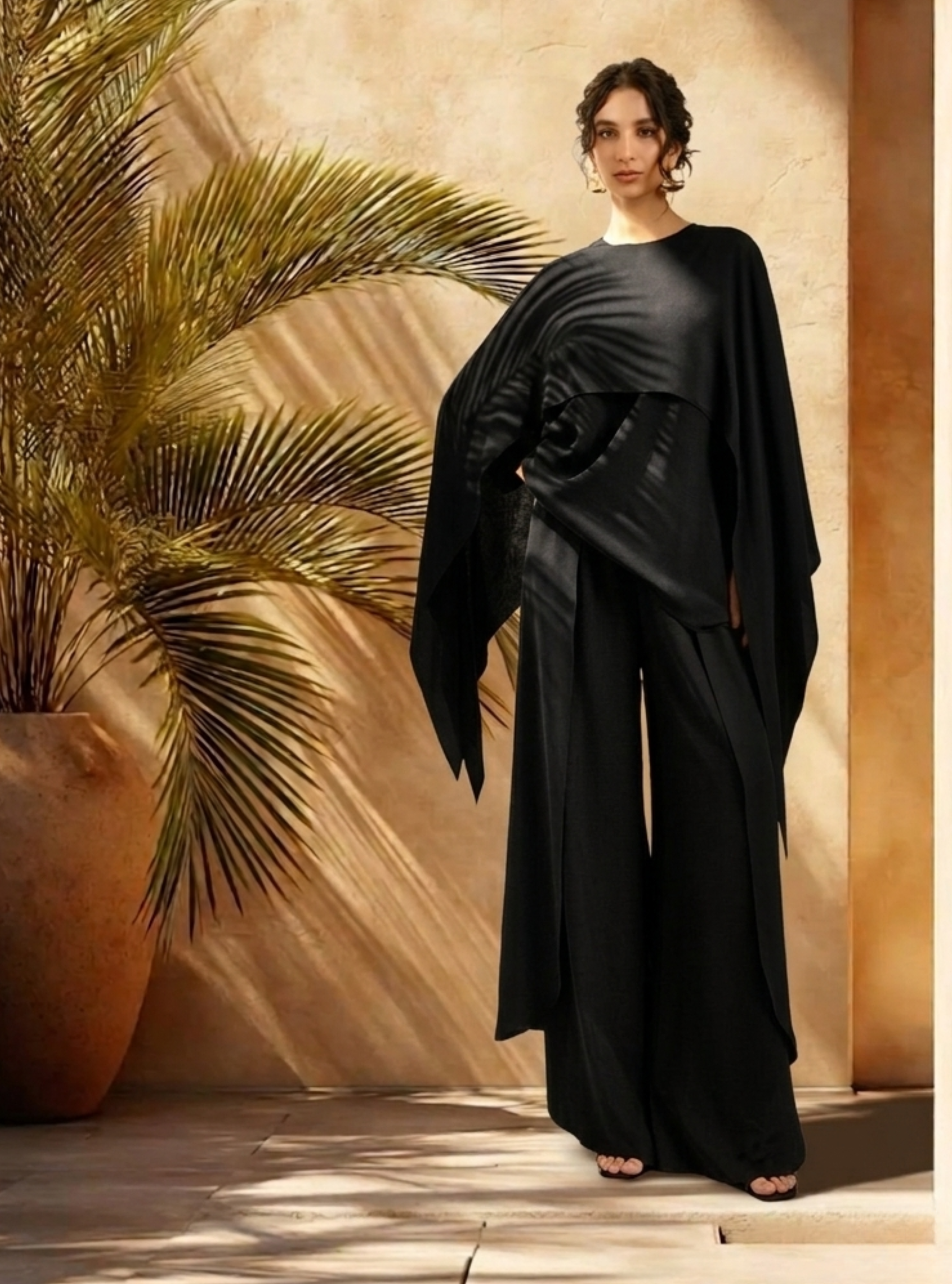 Black Cape-Effect Blouse & Trouser Set - Store WF