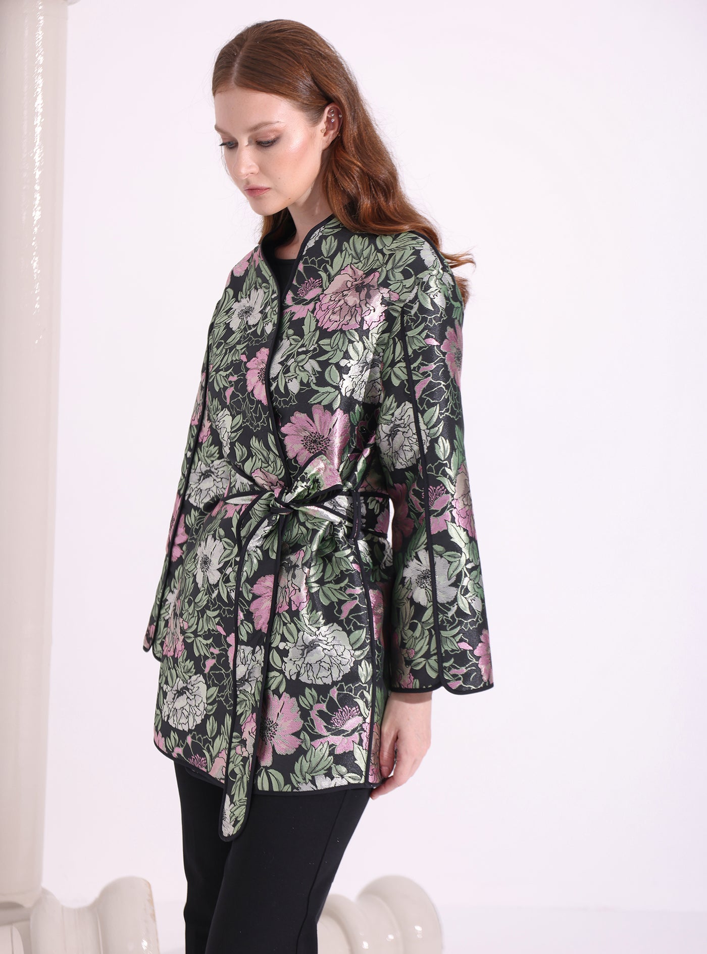 Green Jaquarde Belted Jacket