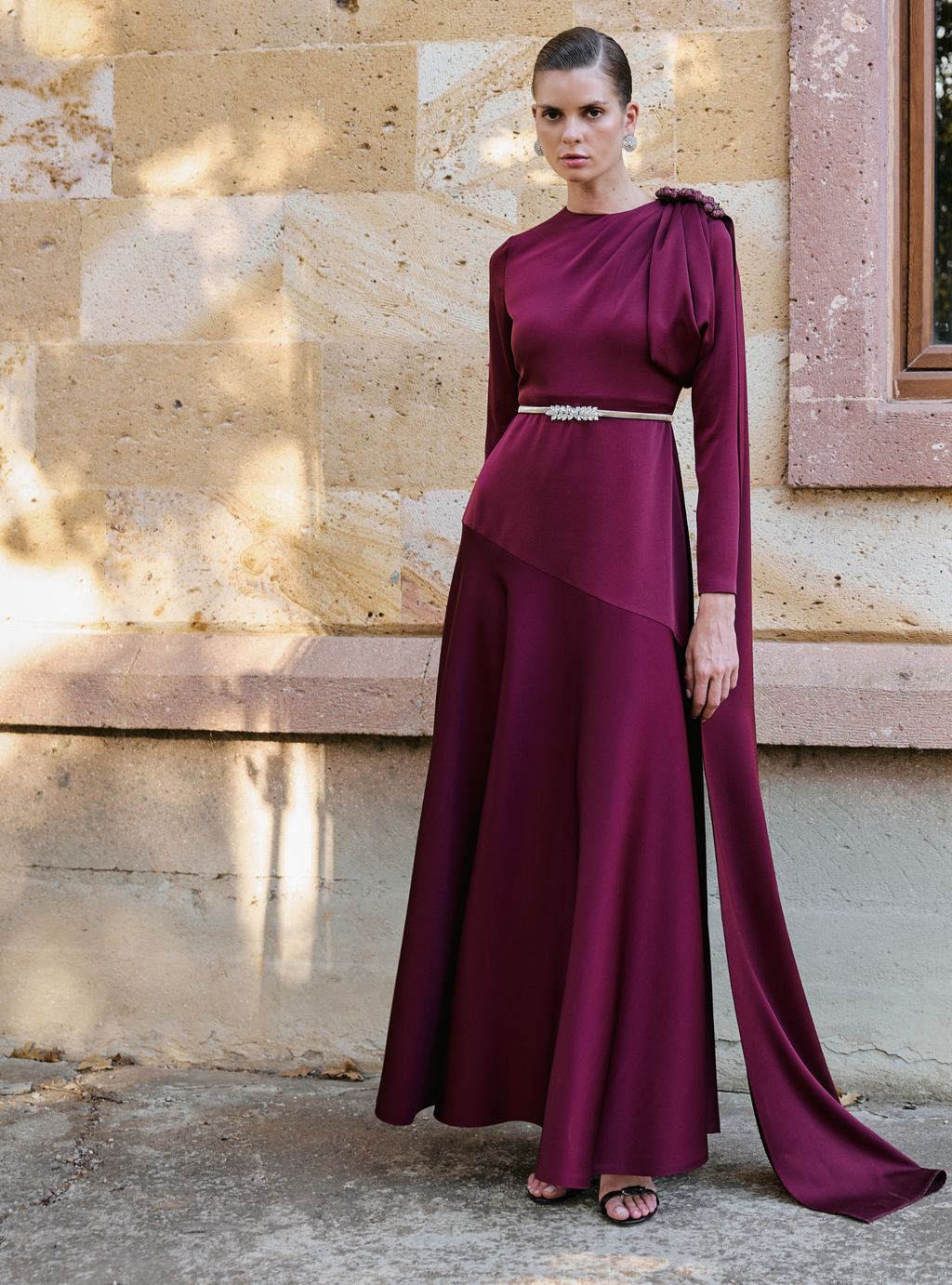 Draped Shoulder Maxi Gown – Burgundy