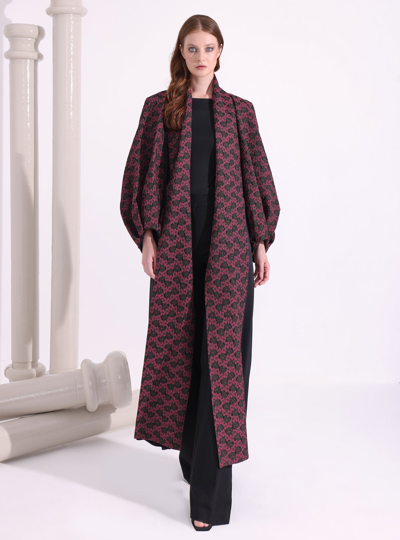 Burgundy Flower Jacquard Black Abaya Kaftan