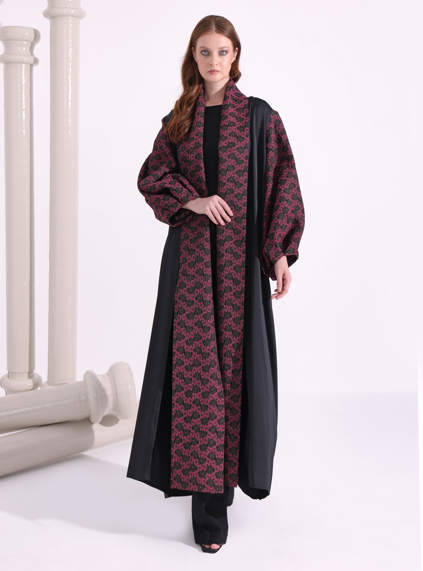 Burgundy Flower Jacquard Black Abaya Kaftan