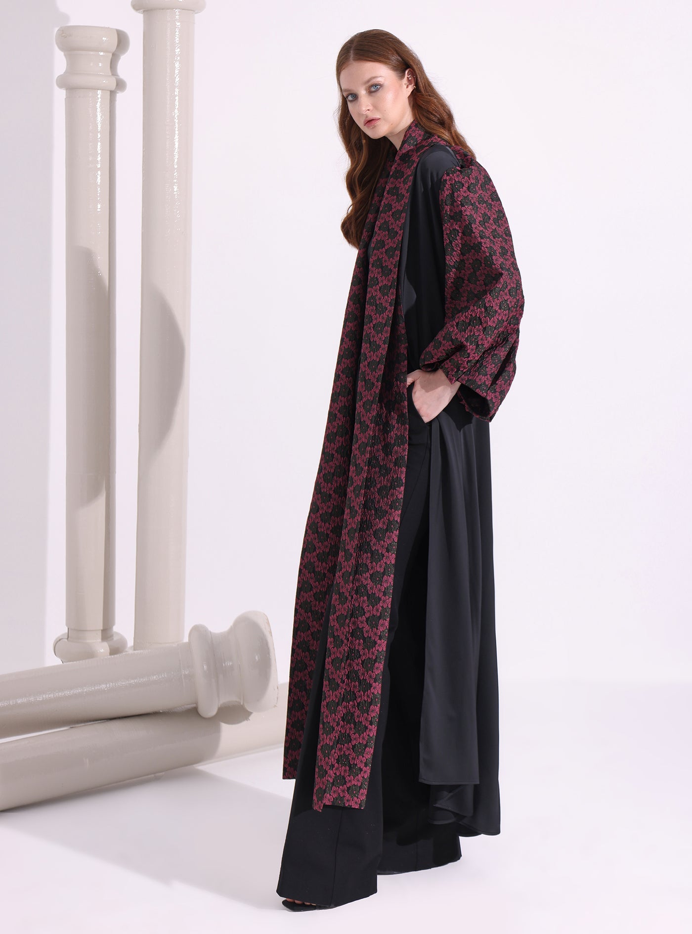 Burgundy Flower Jacquard Black Abaya Kaftan