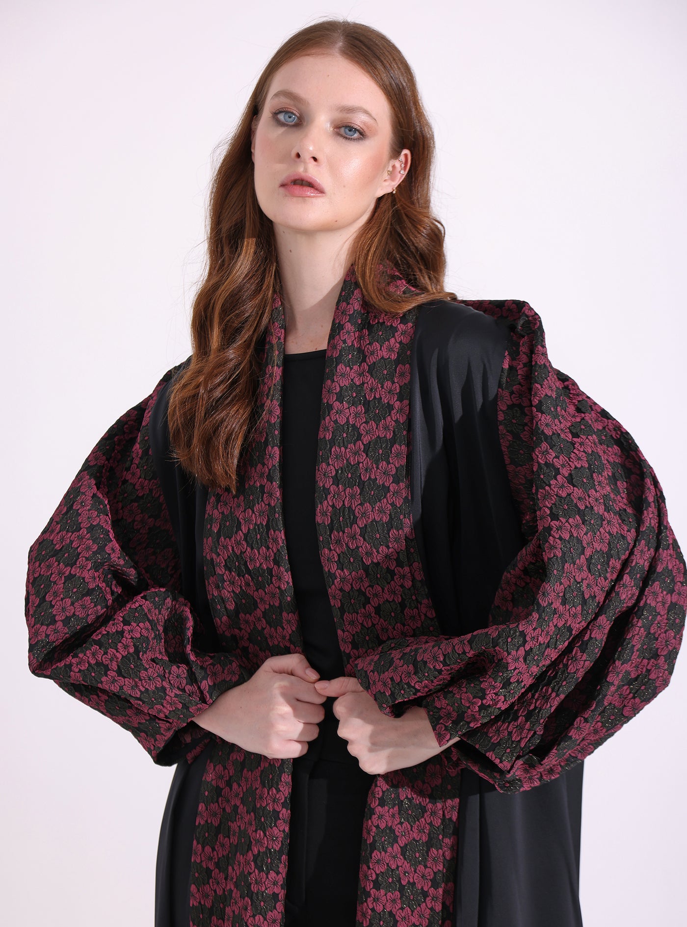 Burgundy Flower Jacquard Black Abaya Kaftan