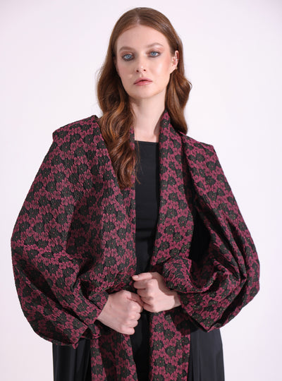 Burgundy Flower Jacquard Black Abaya Kaftan