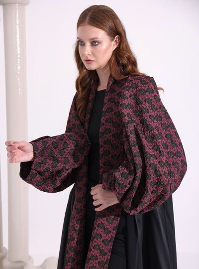 Burgundy Flower Jacquard Black Abaya Kaftan