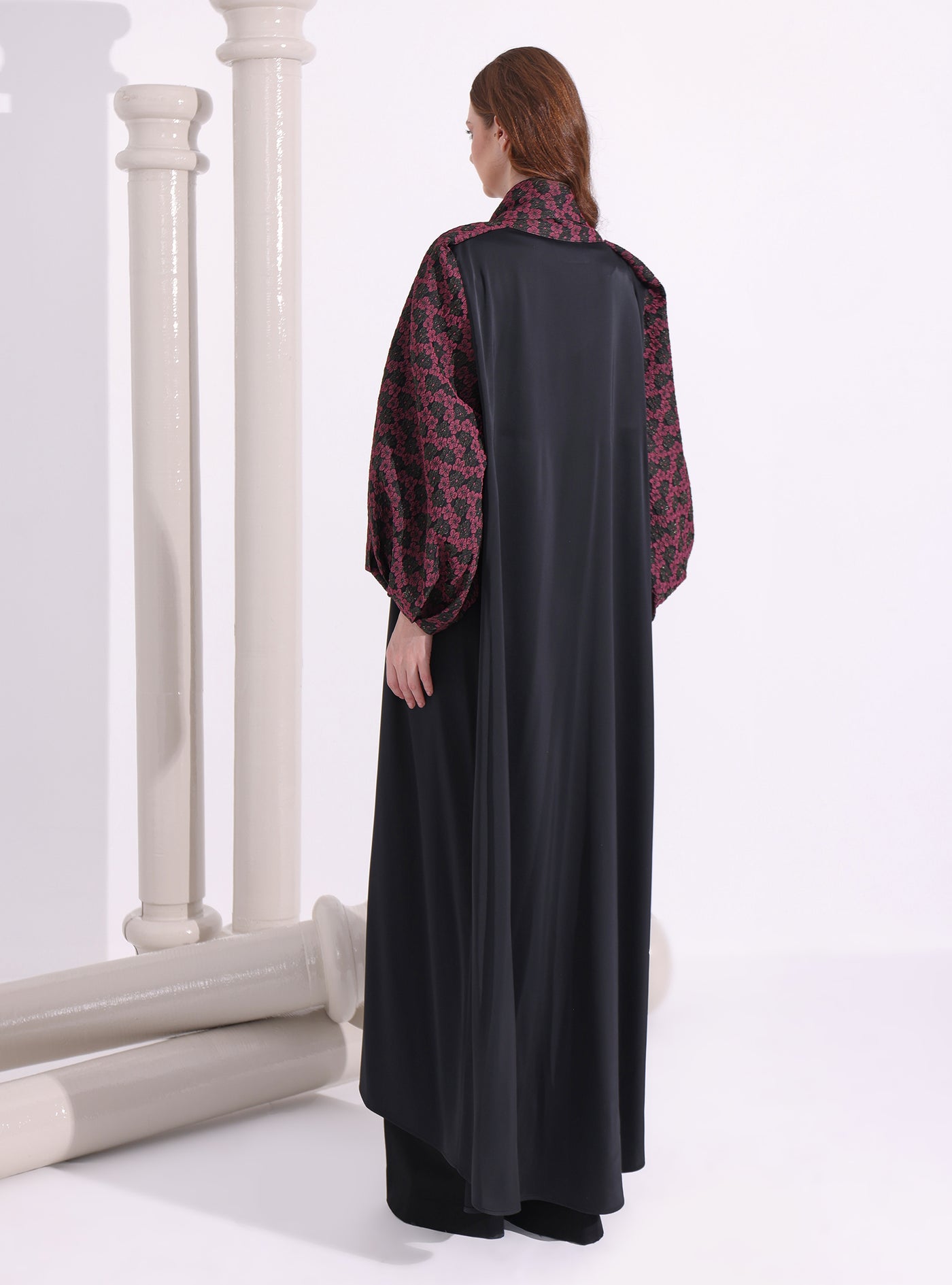 Burgundy Flower Jacquard Black Abaya Kaftan