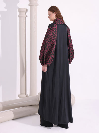 Burgundy Flower Jacquard Black Abaya Kaftan