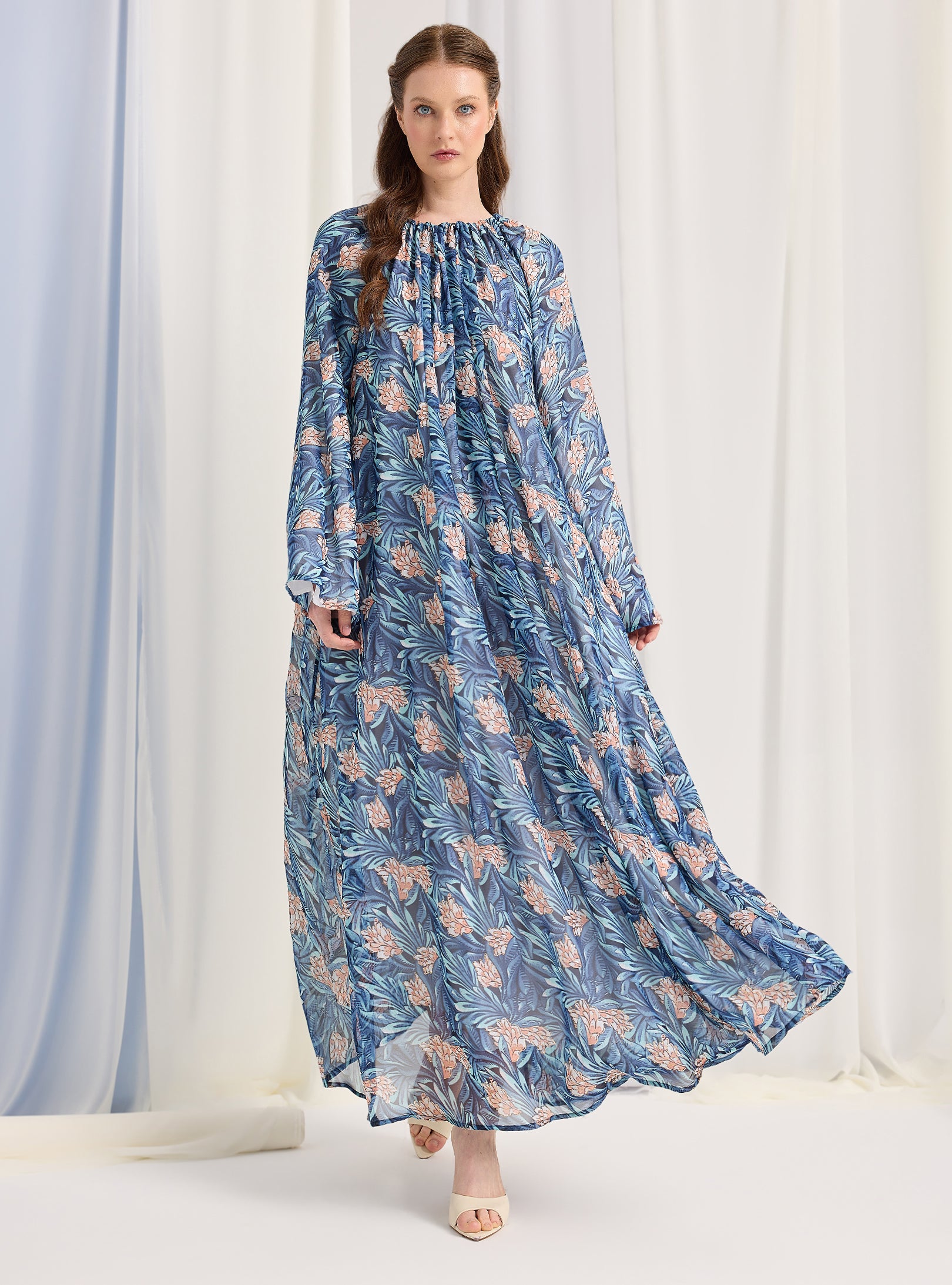 Blue Pirinted Gold Lurex Detailed Maxi Dress - Store WF