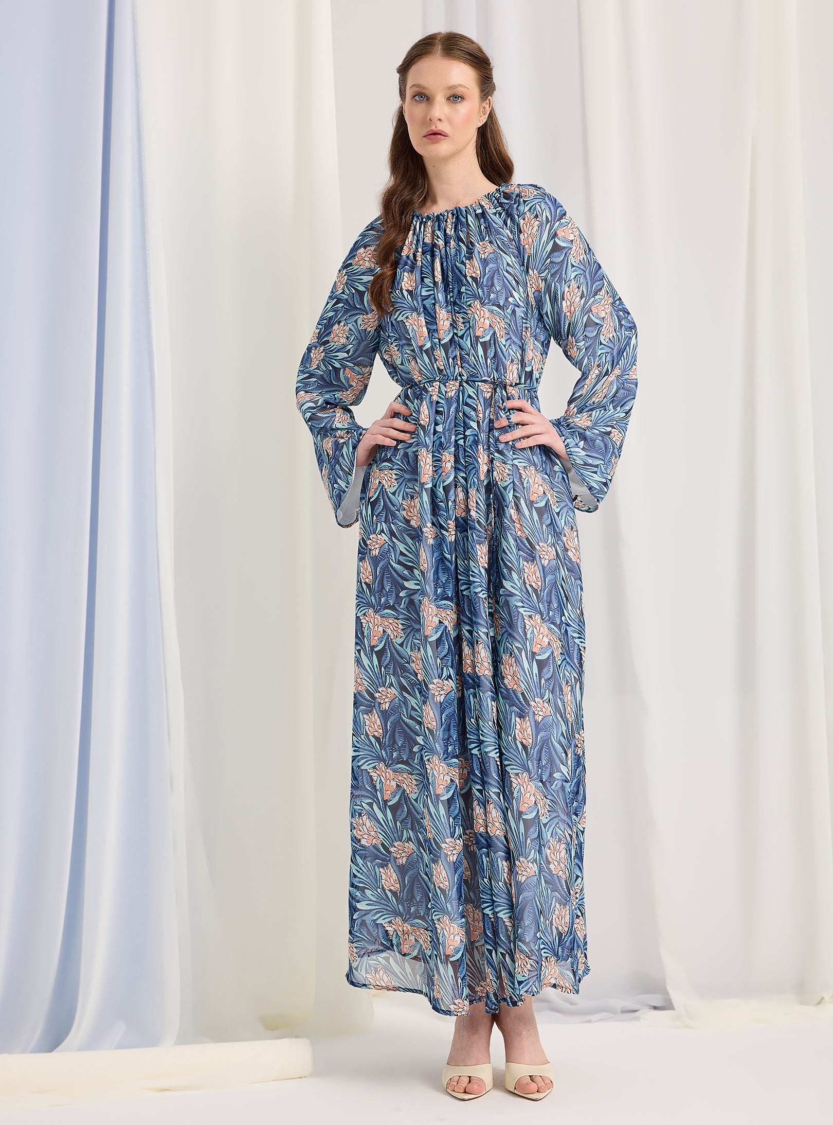 Blue Pirinted Gold Lurex Detailed Maxi Dress - Store WF