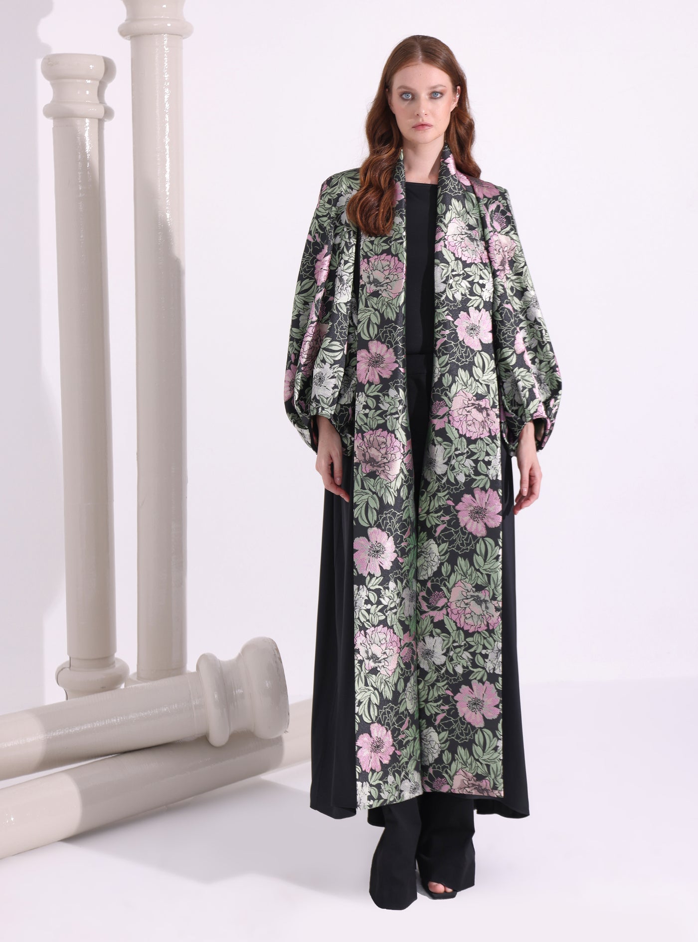 Green Flower Jacquard Black Abaya Kaftan