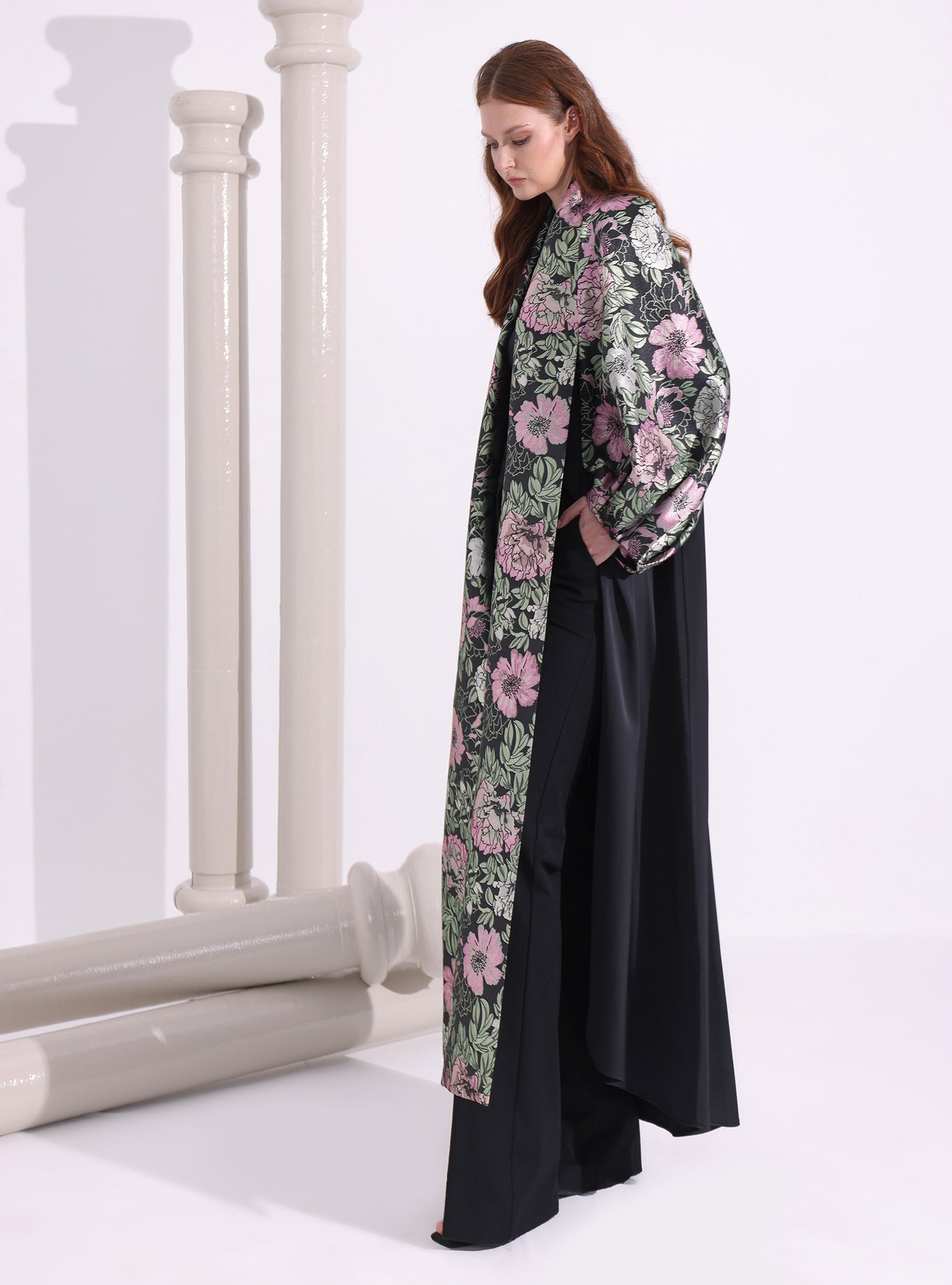 Green Flower Jacquard Black Abaya Kaftan