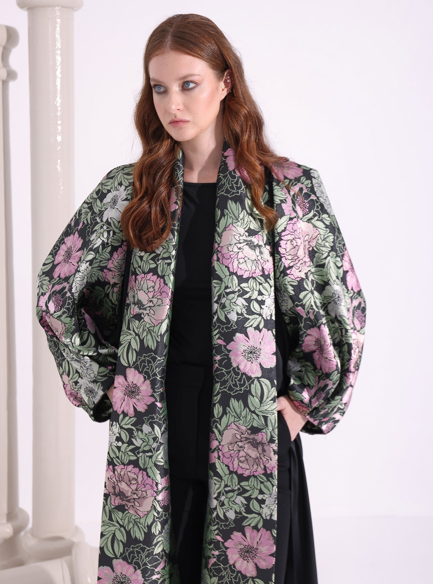 Green Flower Jacquard Black Abaya Kaftan