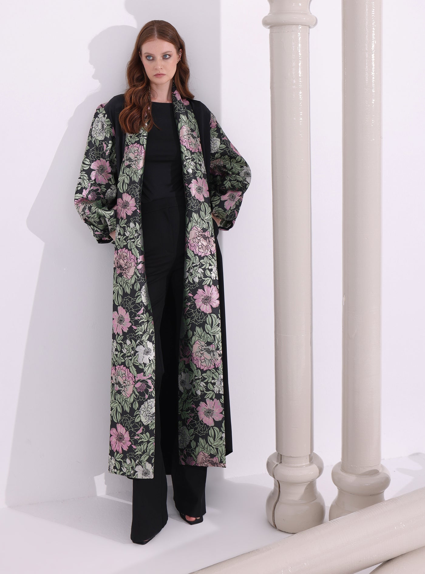 Green Flower Jacquard Black Abaya Kaftan