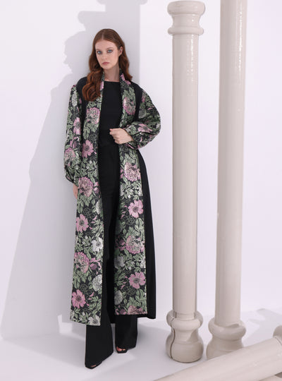 Green Flower Jacquard Black Abaya Kaftan