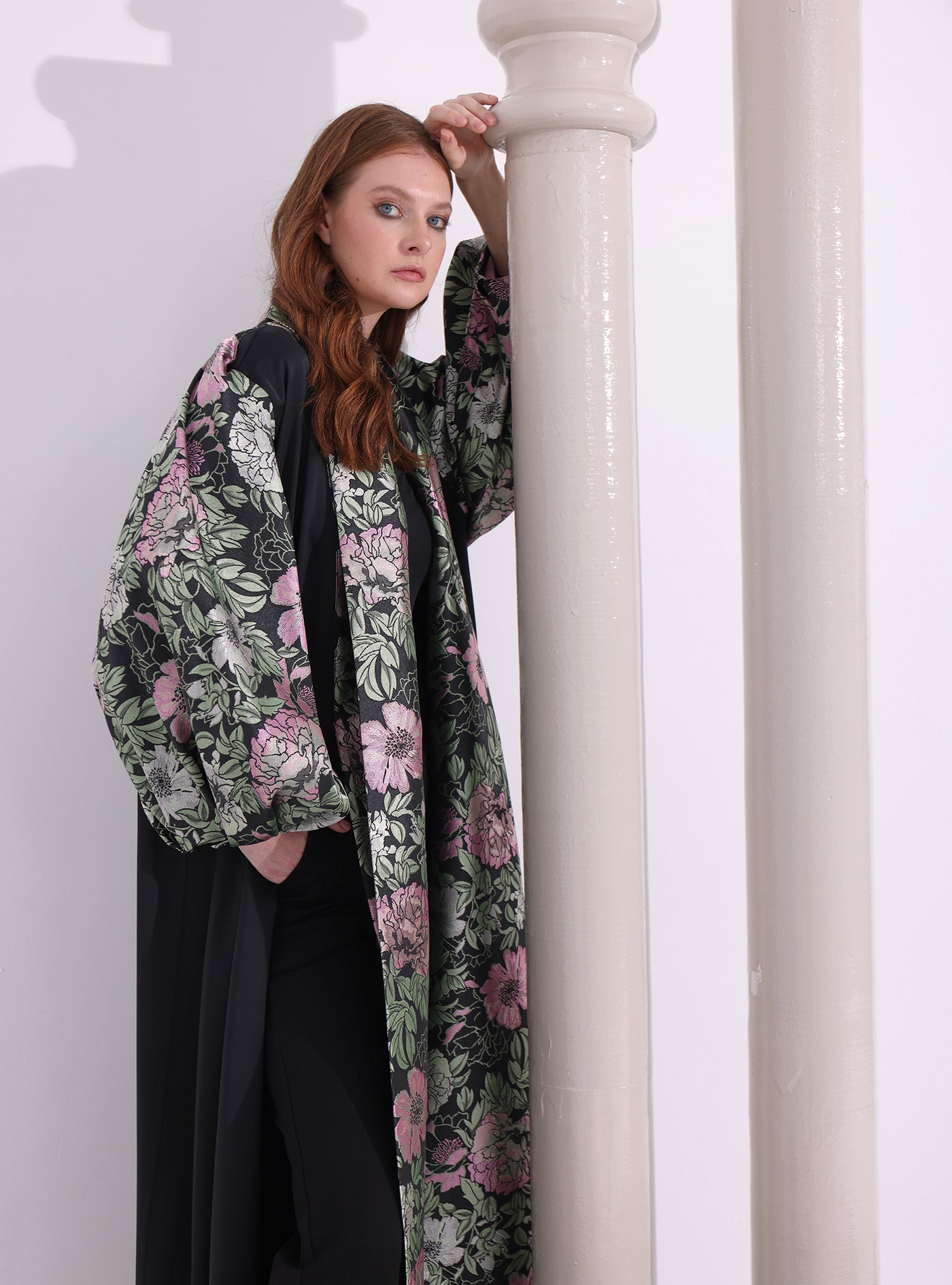 Green Flower Jacquard Black Abaya Kaftan