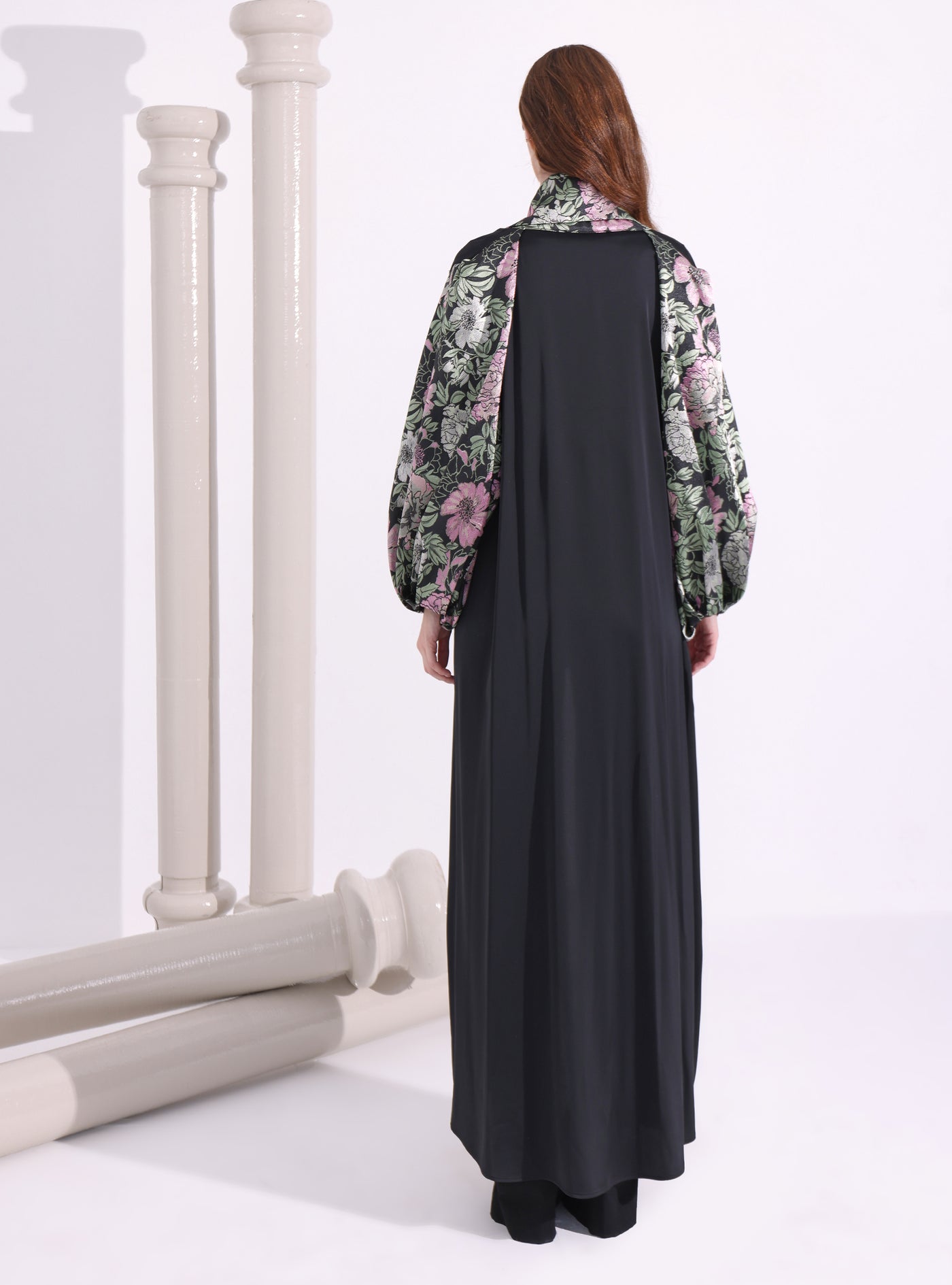 Green Flower Jacquard Black Abaya Kaftan