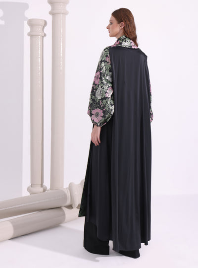 Green Flower Jacquard Black Abaya Kaftan