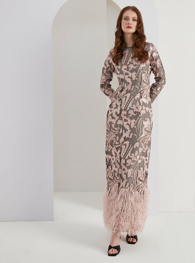 Rose Silver Jaquard Feather Detail Maxi Dress