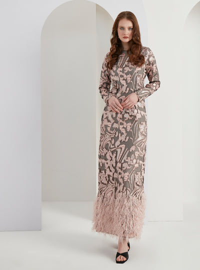 Rose Silver Jaquard Feather Detail Maxi Dress