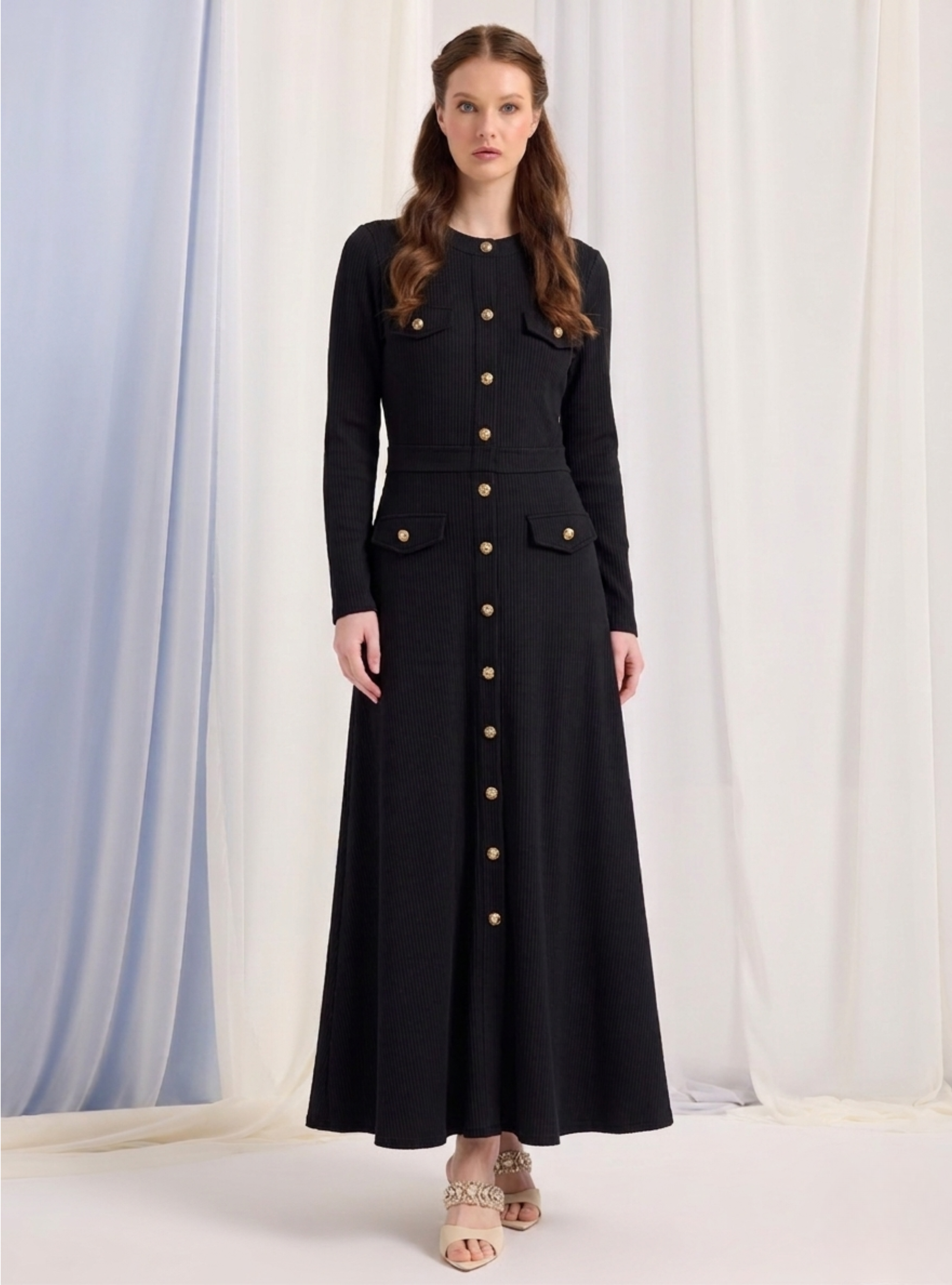 Black Signature Knit Dress with Gold Buttons | Store WF Black Signature Knit Dress with Gold Buttons | Store WF