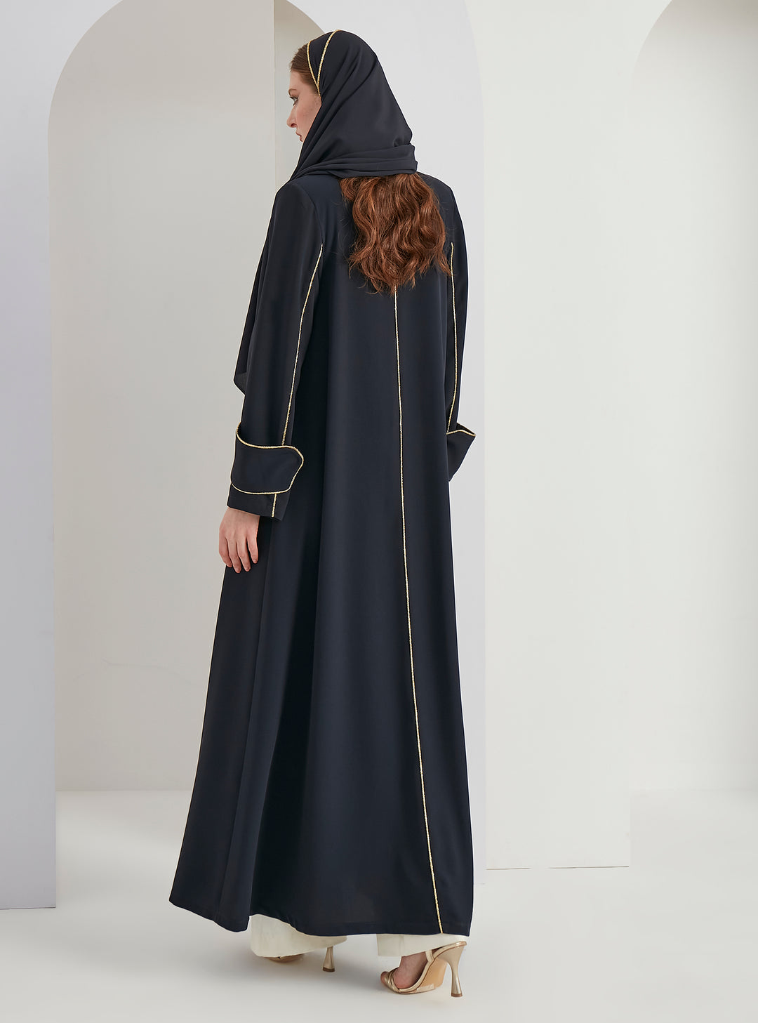 Gold Piping Jacket Abaya With Scarf Set Navy Store WF