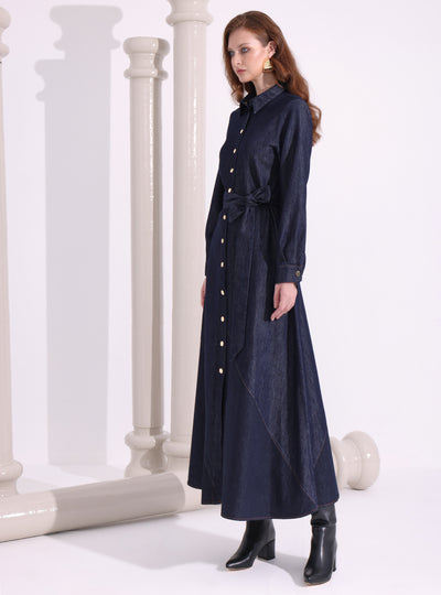 İndigo Denim Belted Maxi Dress