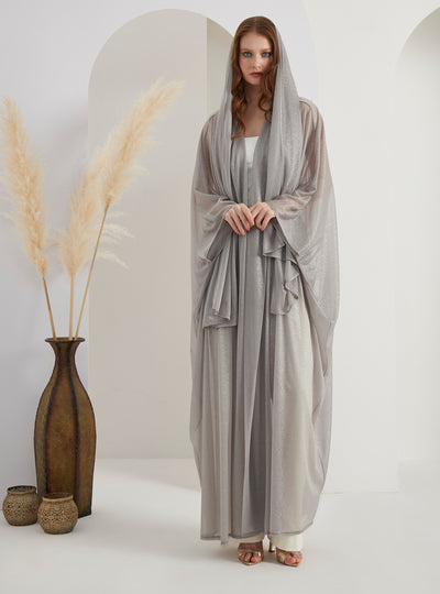 Gray Glitter Abaya With Scarf Set