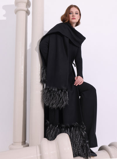 Black Faux Fur Trim Wool Gilet With Scarf