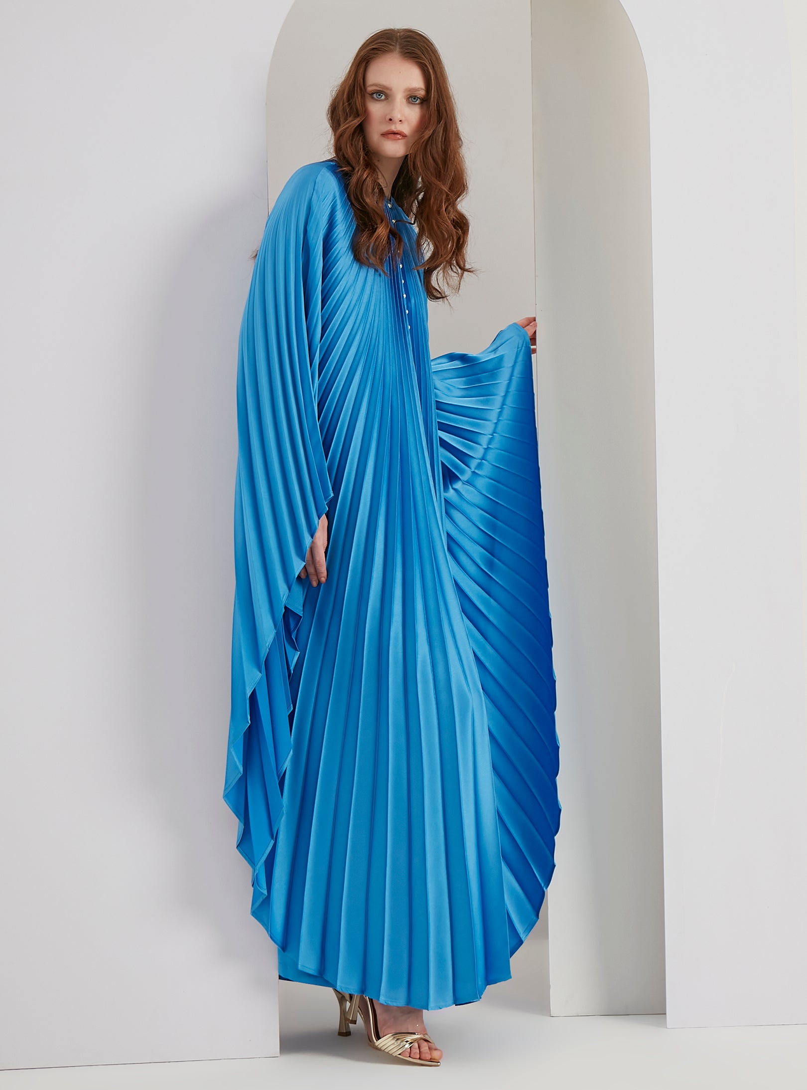Pearls Button Plisse-Satin Maxi Dress Kaftan Blue - Store WF