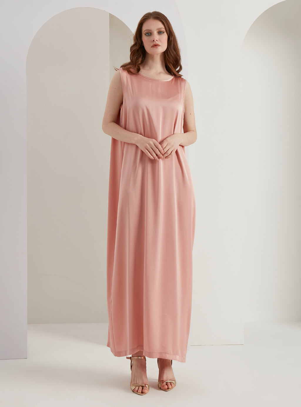 Pearls Button Plisse-Satin Maxi Dress Kaftan Salmon