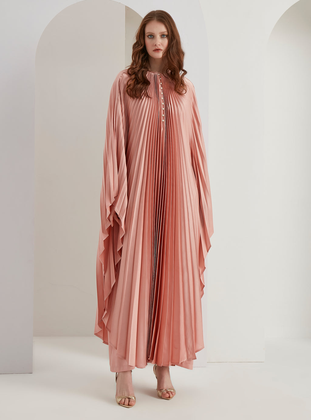 Pearls Button Plisse-Satin Maxi Dress Kaftan Salmon