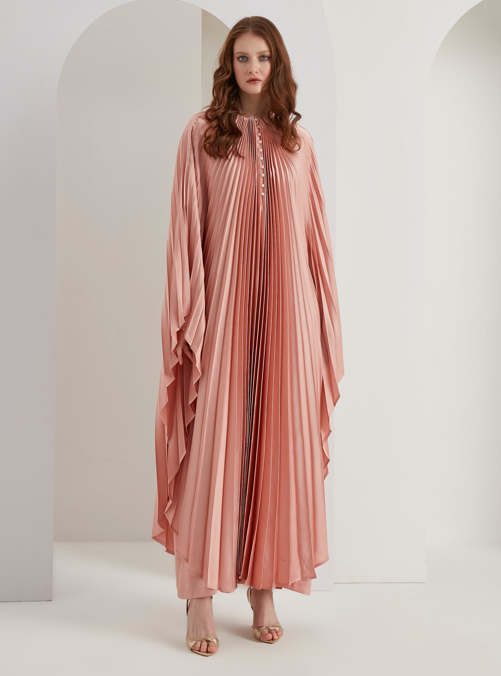 Pearls Button Plisse-Satin Maxi Dress Kaftan Salmon