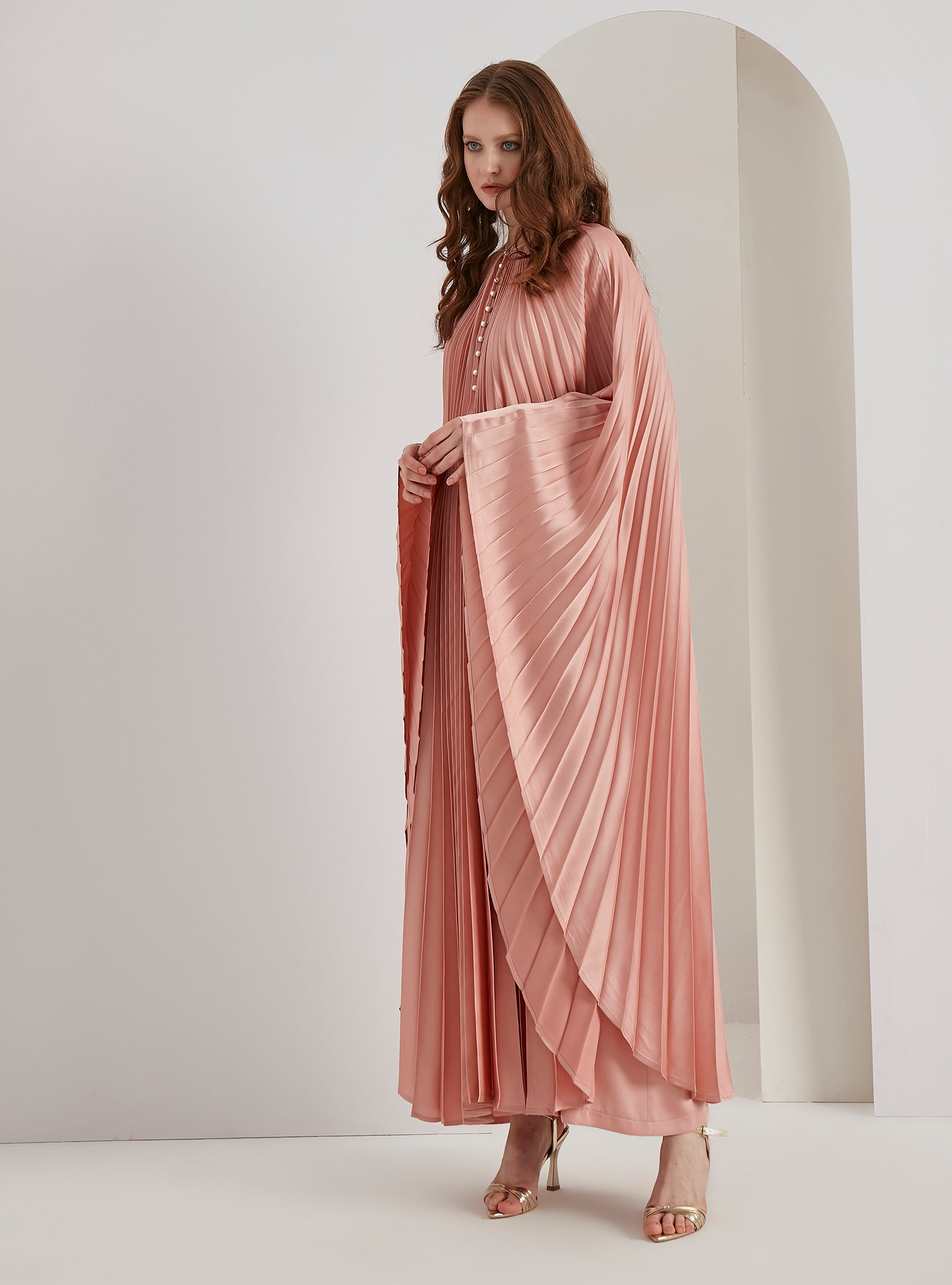 Pearls Button Plisse-Satin Maxi Dress Kaftan Salmon
