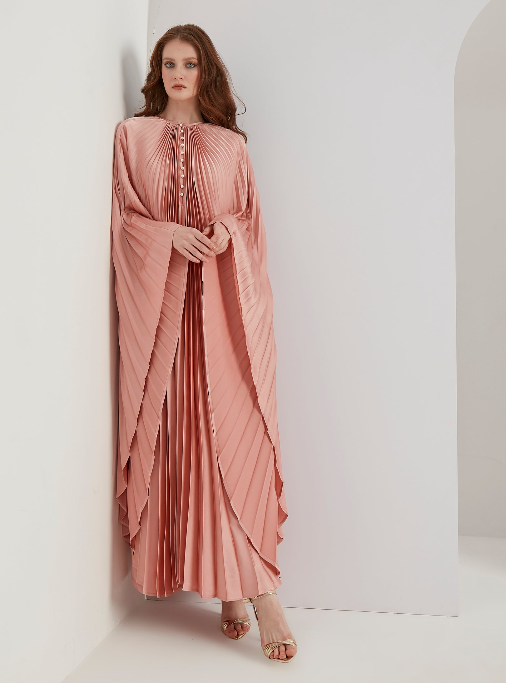 Pearls Button Plisse-Satin Maxi Dress Kaftan Salmon