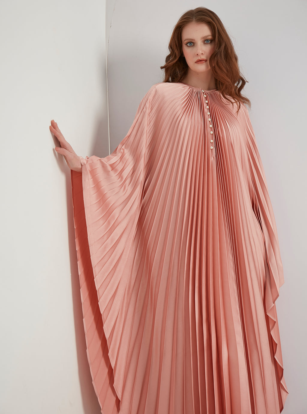 Pearls Button Plisse-Satin Maxi Dress Kaftan Salmon