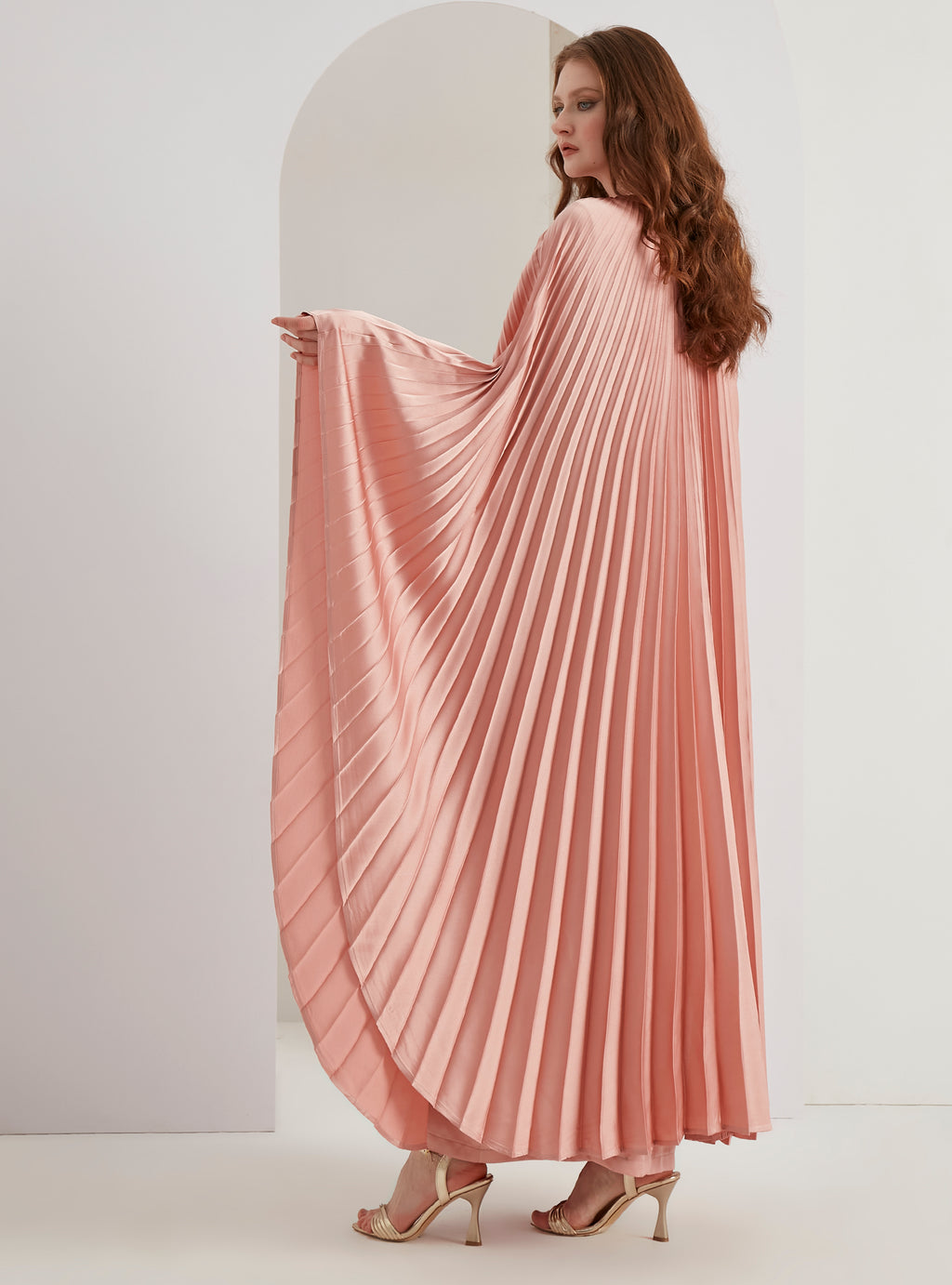 Pearls Button Plisse-Satin Maxi Dress Kaftan Salmon