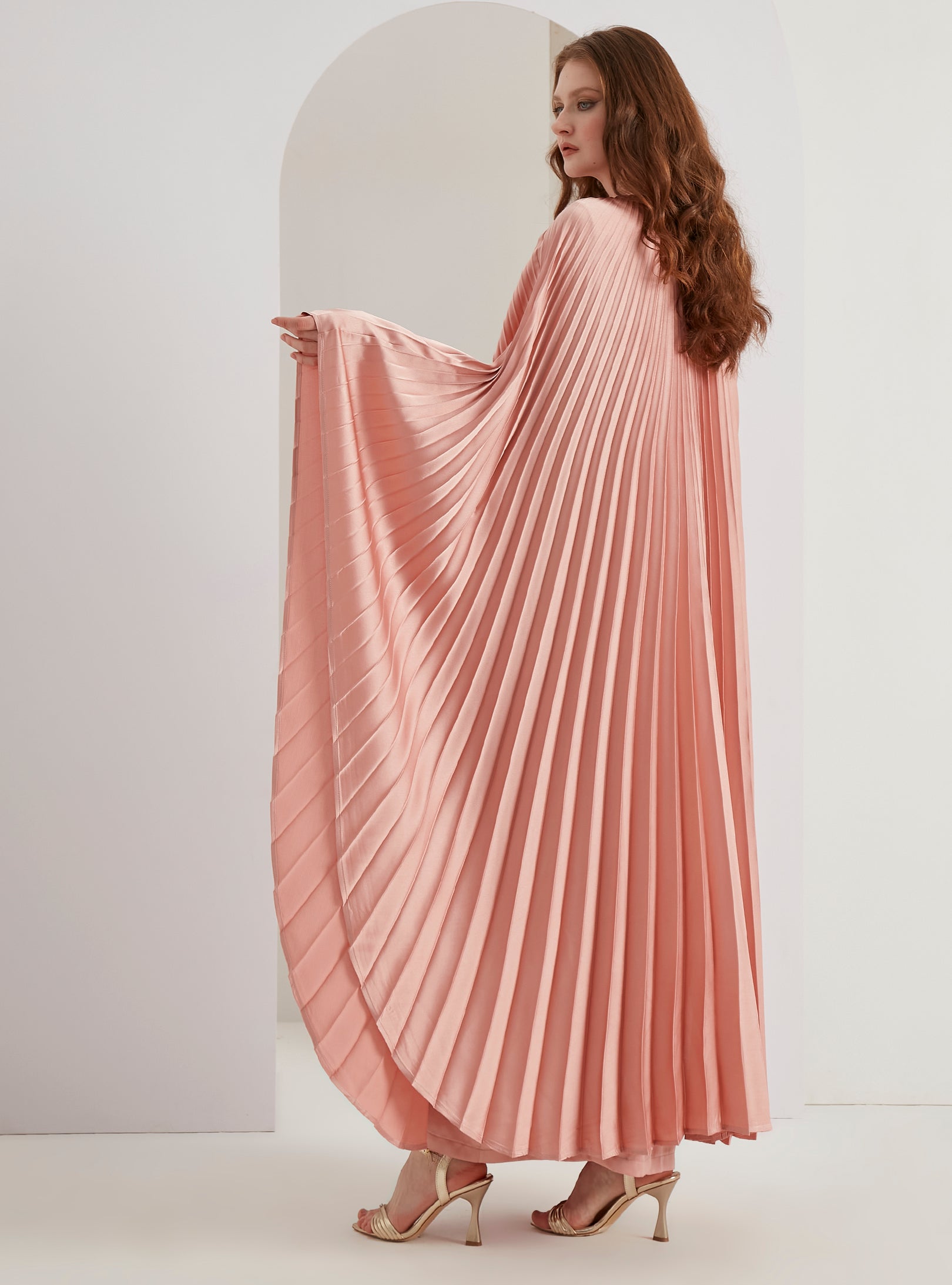 Pearls Button Plisse-Satin Maxi Dress Kaftan Salmon