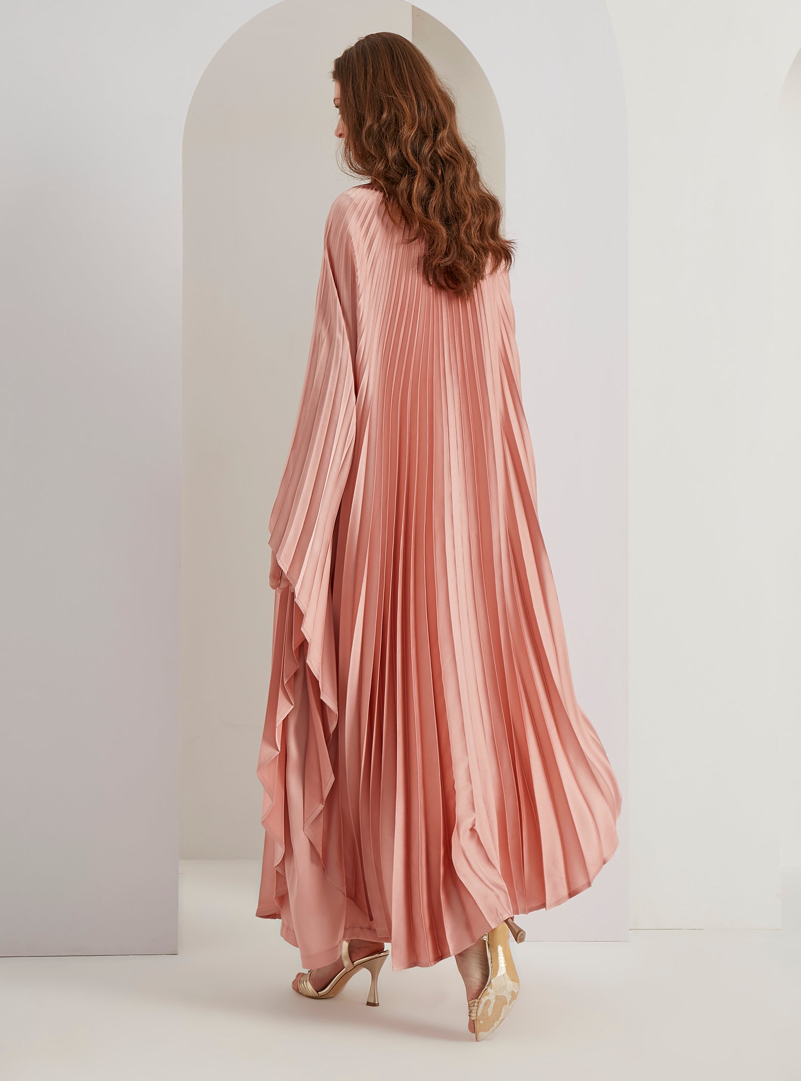 Pearls Button Plisse-Satin Maxi Dress Kaftan Salmon