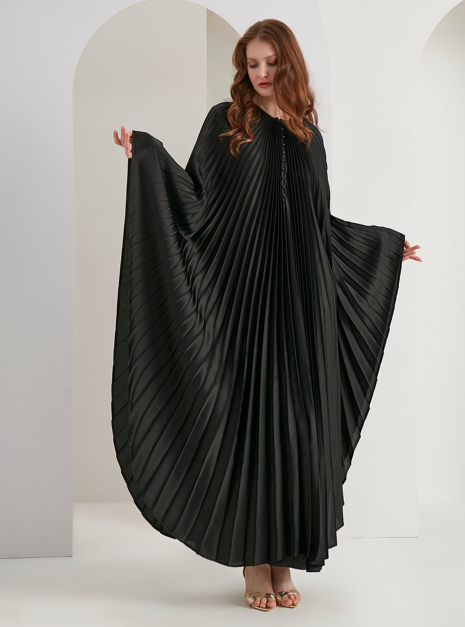 Pearls Button Plisse-Satin Maxi Dress Kaftan Black - Store WF