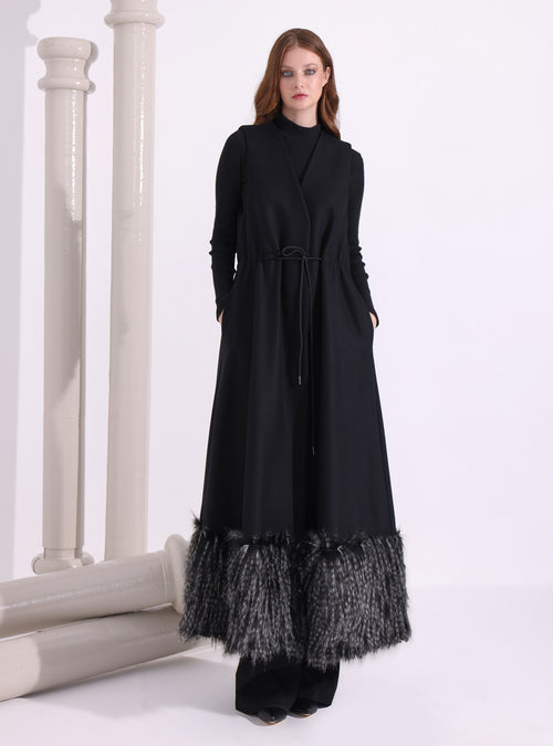 Black Faux Fur Trim Wool Gilet With Scarf - Store WF