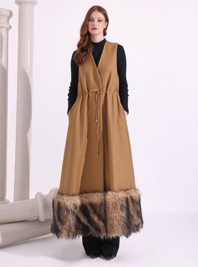 Faux Fur Trim Camel Wool Gilet With Scarf