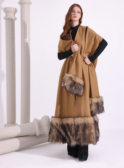 Faux Fur Trim Camel Wool Gilet With Scarf