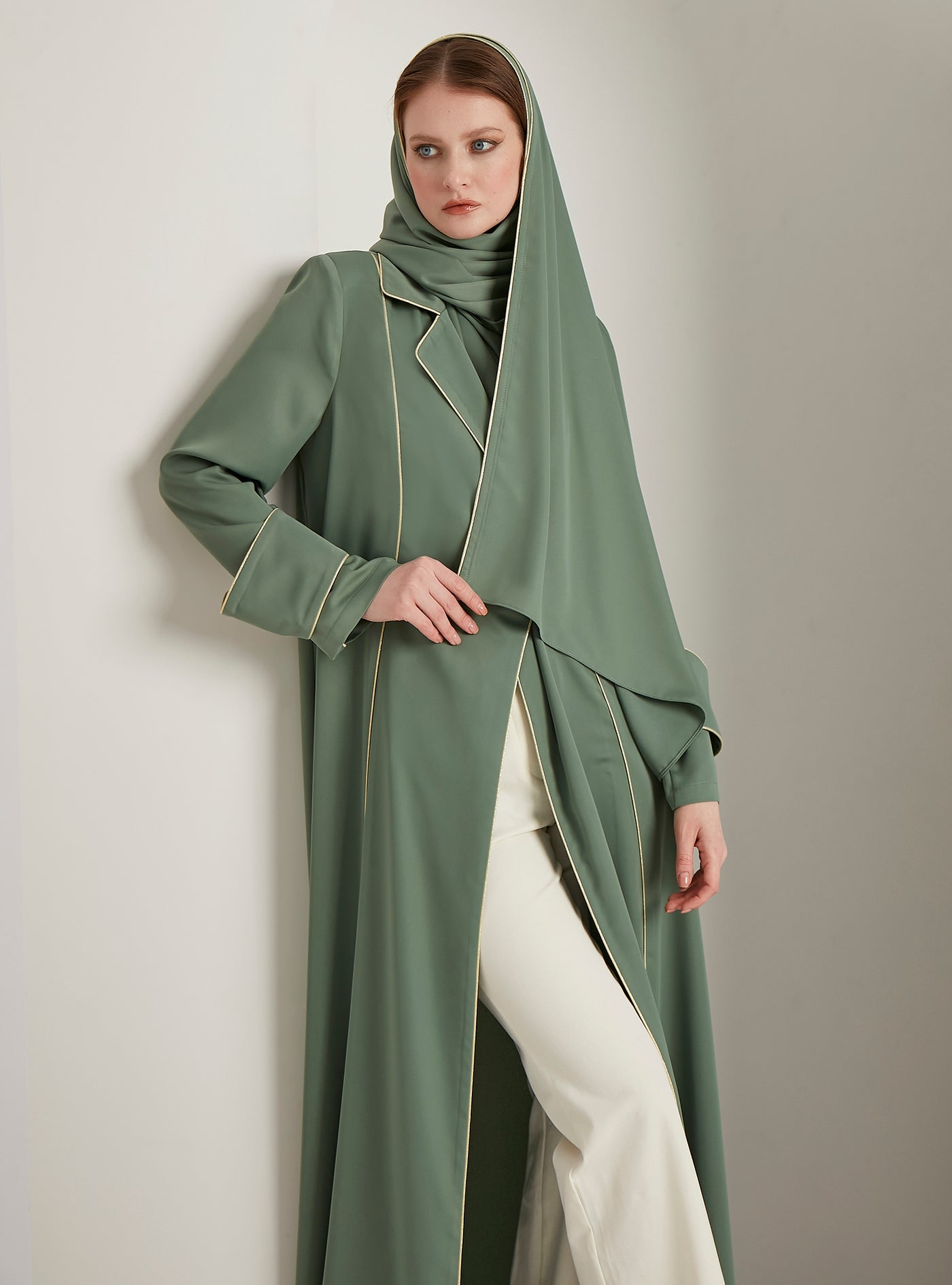 Mint Gold Piping Jacket Abaya With Scarf Set