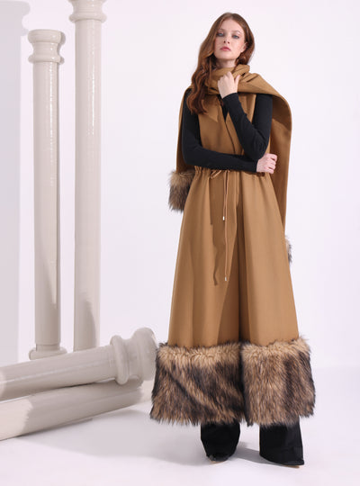 Faux Fur Trim Camel Wool Gilet With Scarf