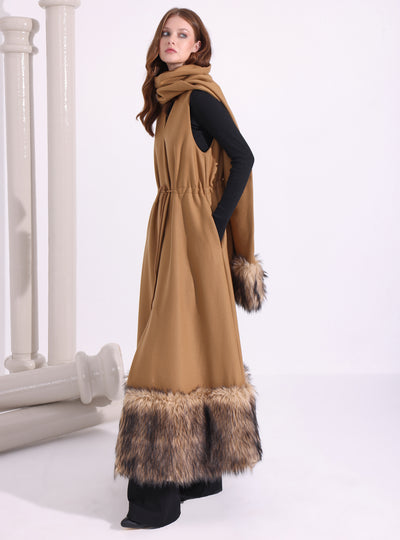 Faux Fur Trim Camel Wool Gilet With Scarf