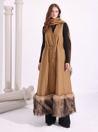 Faux Fur Trim Camel Wool Gilet With Scarf