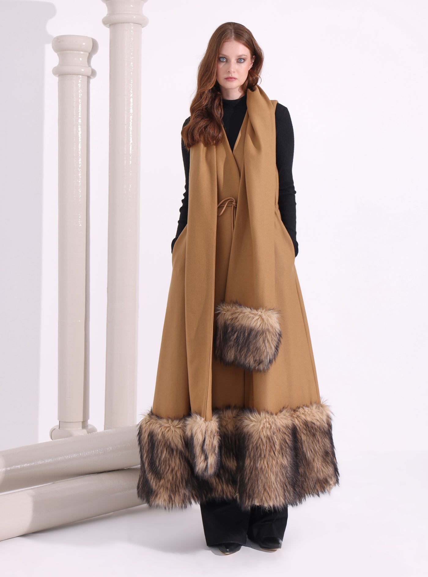 Faux Fur Trim Camel Wool Gilet With Scarf