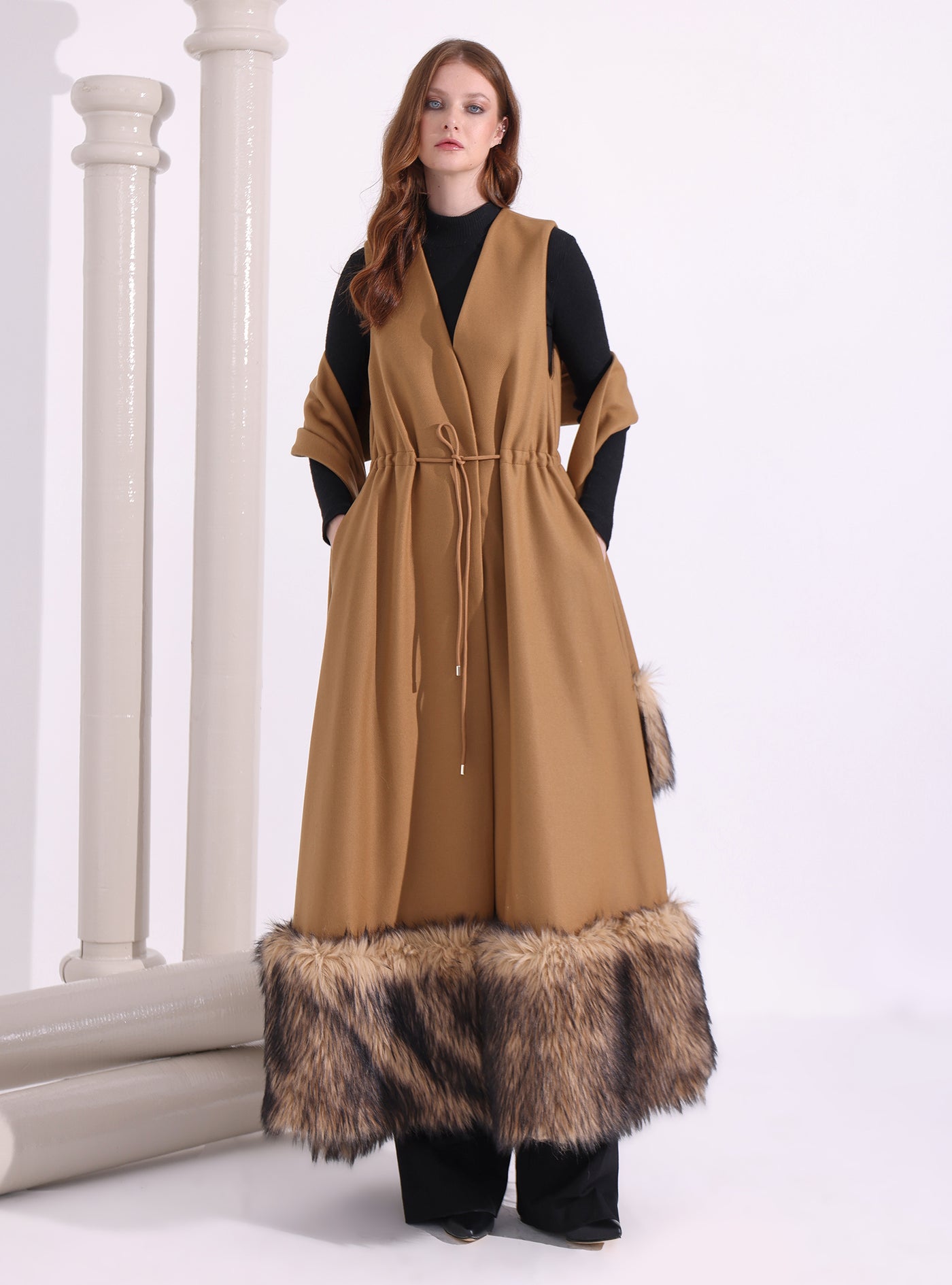 Faux Fur Trim Camel Wool Gilet With Scarf