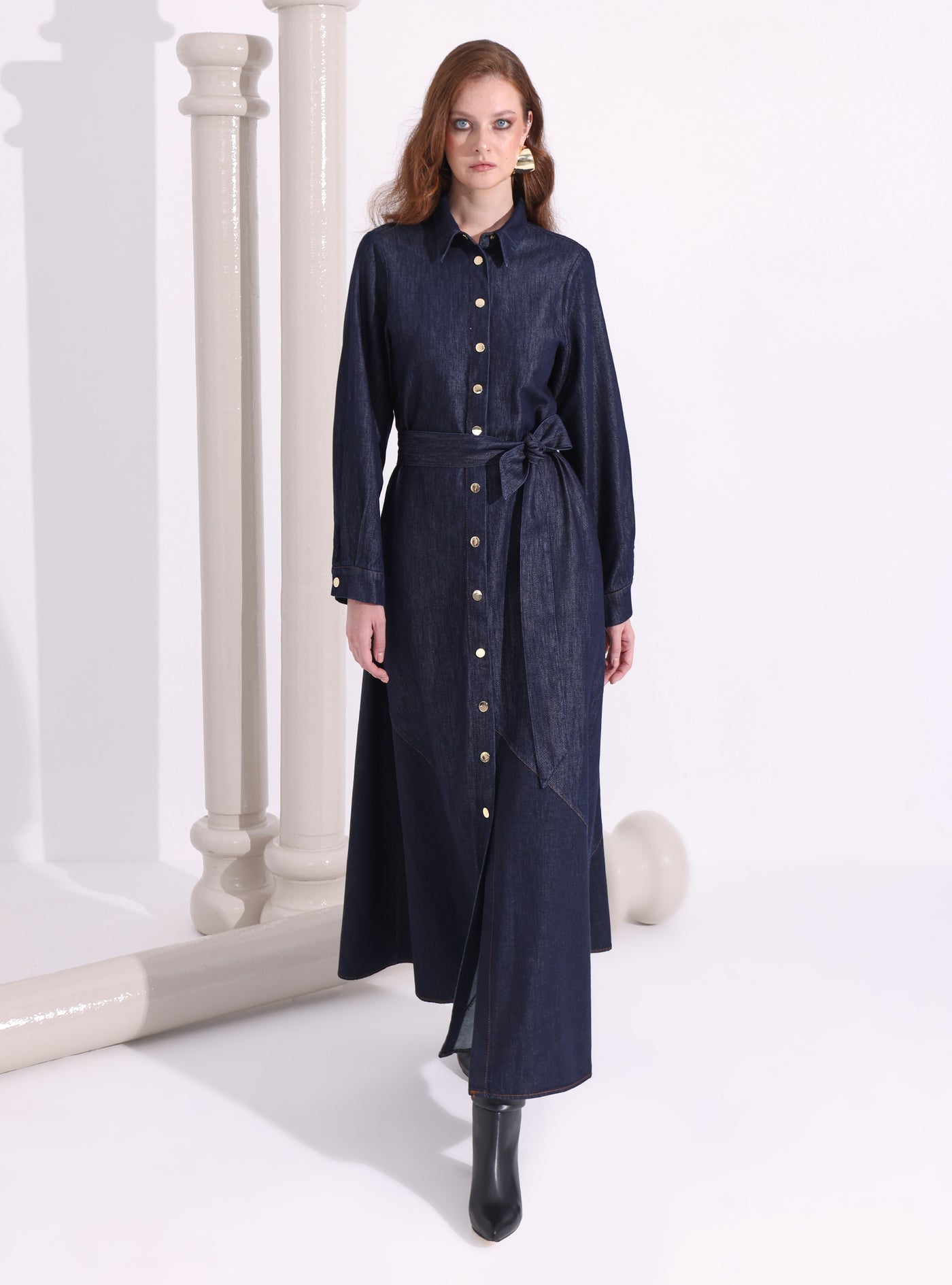 İndigo Denim Belted Maxi Dress