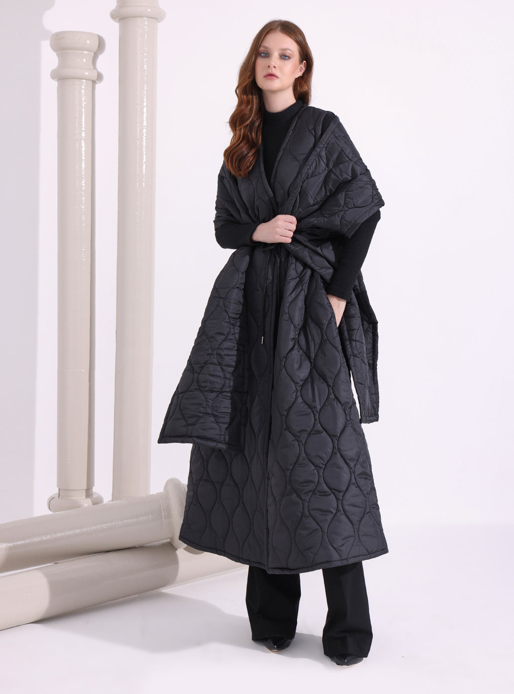 Black Quilt Puffer Gilet With Scarf